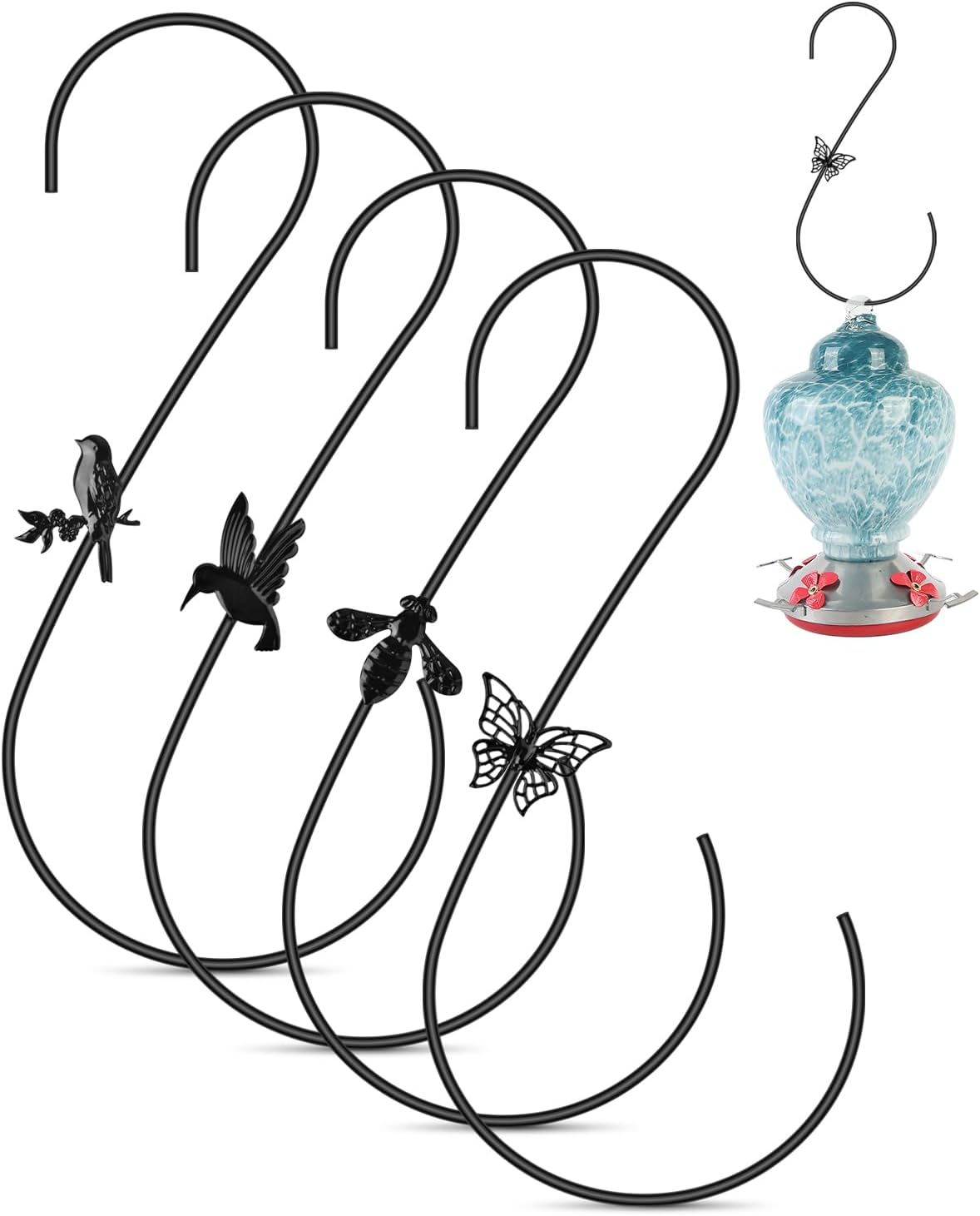 PACETAP Bird Feeders Hanger 12-Inch, 4PCS Metal Hummingbird Feeder Hooks, Heavy Duty Plant Hangers Outdoor for Hanging Plants, Wind Chimes, Christmas Ornaments and More (Black)