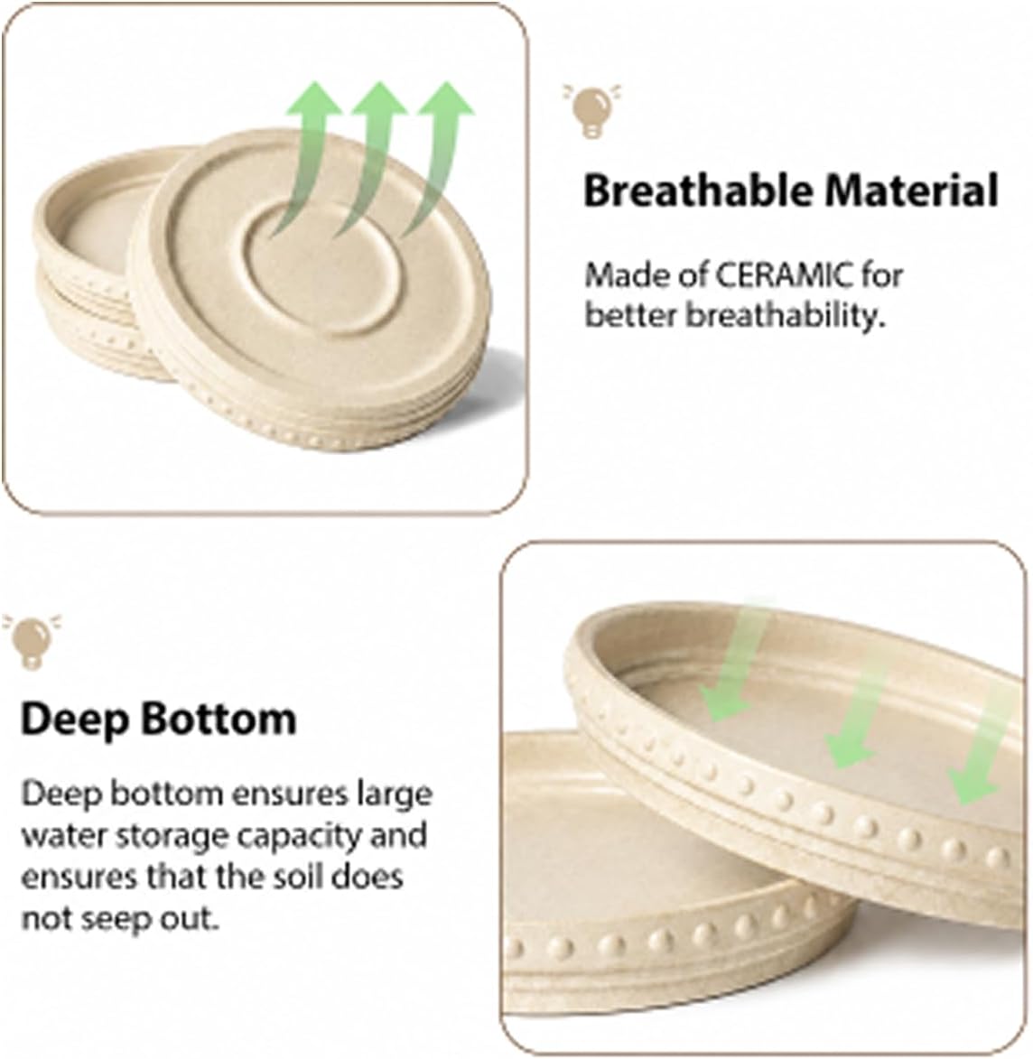 Plant Saucers, Plant Trays to Catch Water, 2 Pcs 8" Ceramic Saucer | Flower Pot Saucers fit pots up to 7", hand-painted antique beige ceramic, catches excess water to protect floors