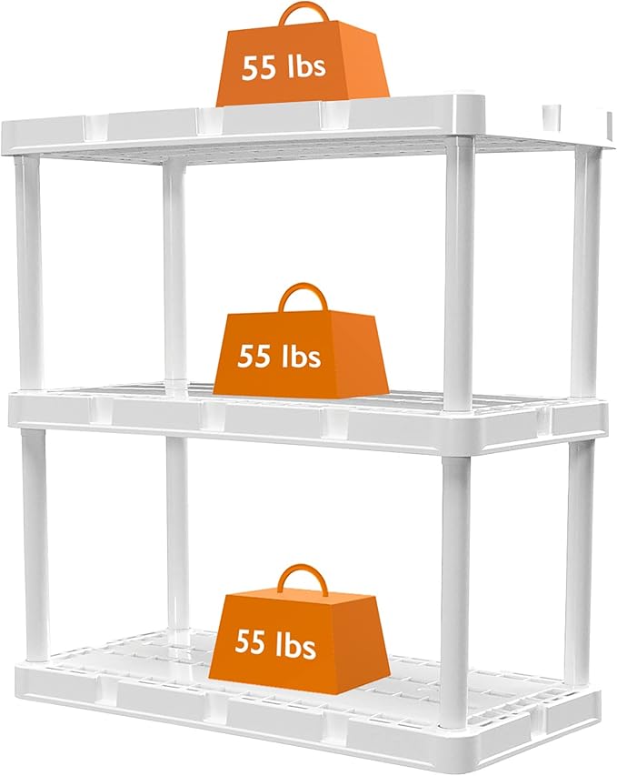 Gracious Living 3 Pack Light Duty Storage Shelves, Knect-A-Shelf 3-Shelf Ventilated Shelving Rack Organizer for Home, Garage, Basement, Laundry, White