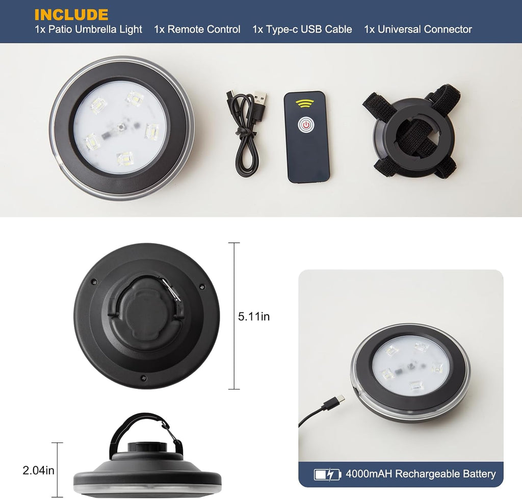Vitnucrol LED Patio Umbrella Lights with Remote, 4000mAh Rechargeable | Portable, Outdoor Cantilever Umbrella Lamp, 3 Brightness, Dimmable, Camping Lights for Offset Umbrellas, Tents