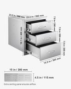VEVOR Outdoor Kitchen Drawers 18.11" W x 23.23" D x 23.23" H, Triple-Access Stainless Steel BBQ Drawers with Handles, BBQ Island Drawer for Outdoor Kitchens or Barbeque Island Patio Grill Station
