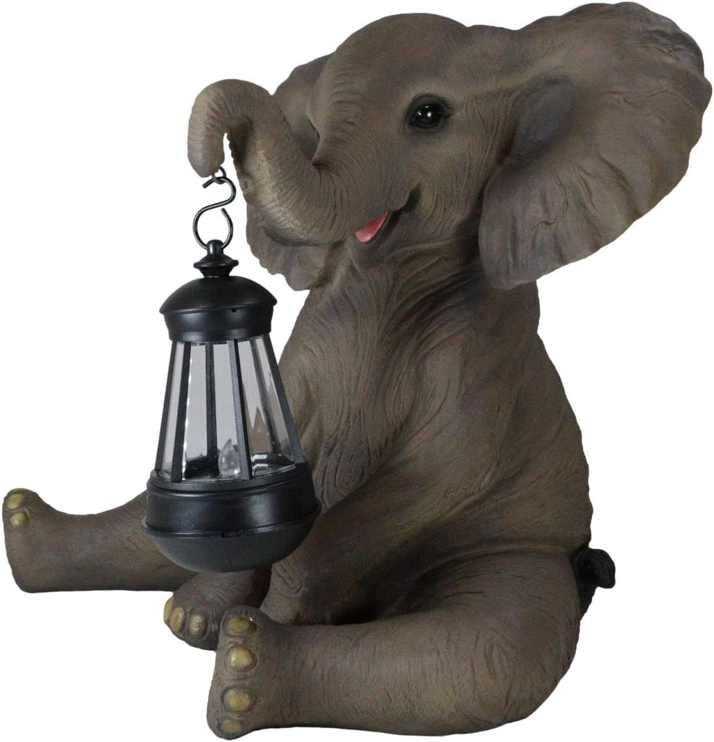 Ebros Safari Savanna Wildlife Animal Melee Adorable Pachy Elephant Statue Home Patio Decor Figurine with Solar LED Light Lantern Lamp 13.75" H Guest Greeter Courtesy Light Path Lighter Sculpture