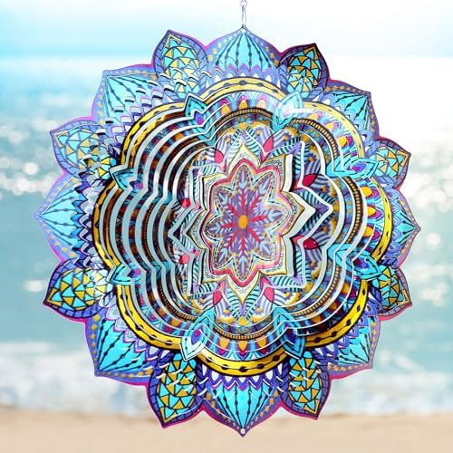 Wind Spinner Mandala Colorful Lily,12In Stainless Steel Wind Spinners Outdoor,3D Hanging Kinetic Sculptures,Yard Art Decorations,Garden Decor,Gifts for Women,Mother,Men,Father,Holidays