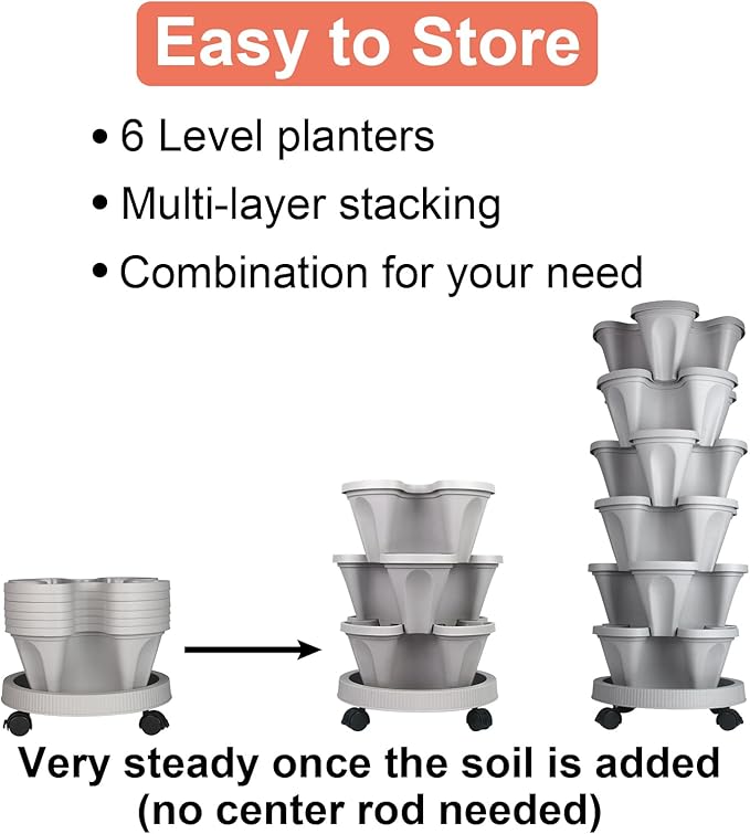 GameXcel Vertical Planter 6 Tier Stackable Planters Garden Planters Strawberry Herb Flower and Vegetable Planter Indoor Outdoor Gardening Pots with Removable Wheels and Tools