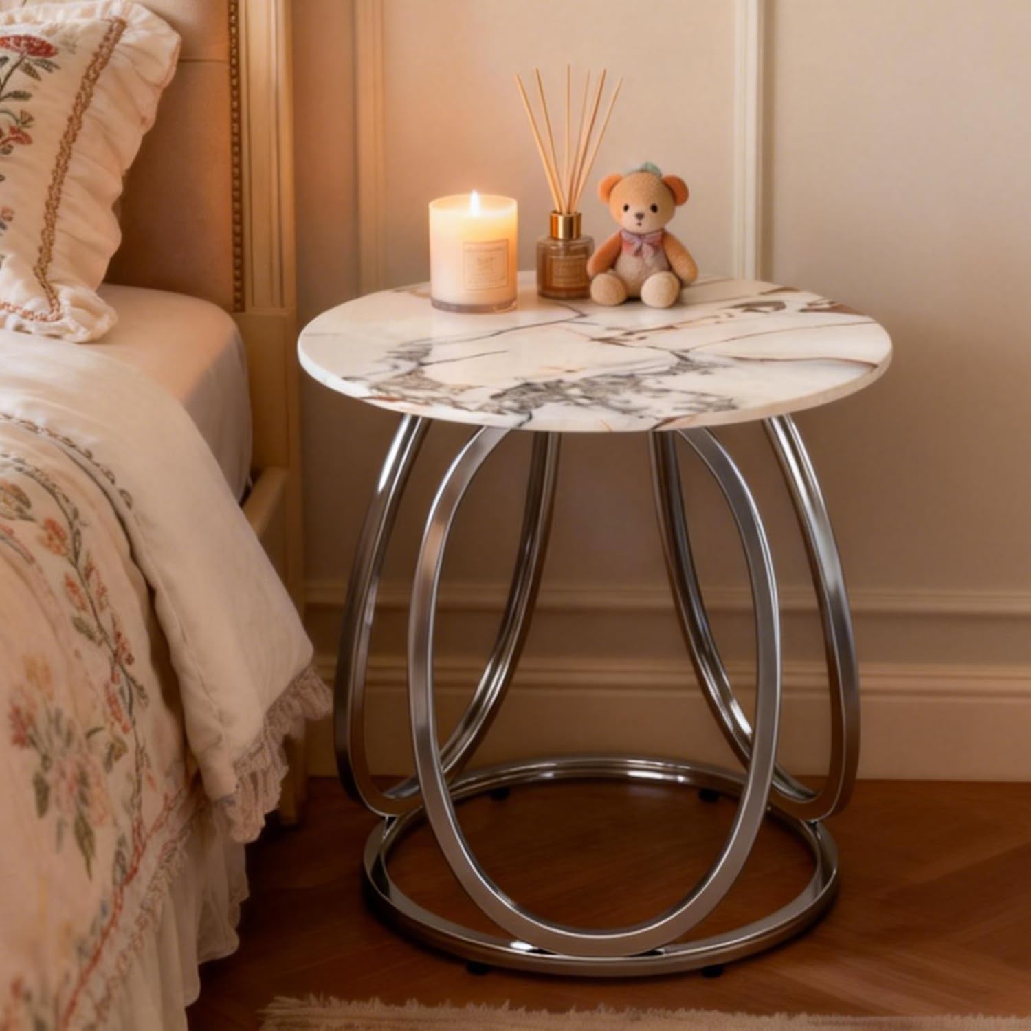 O&K FURNITURE Silver Side Table Living Room, Round End Table with Metal Frame, Modern Nightstand for Small Spaces, Bedroom, Home Office, 1PC