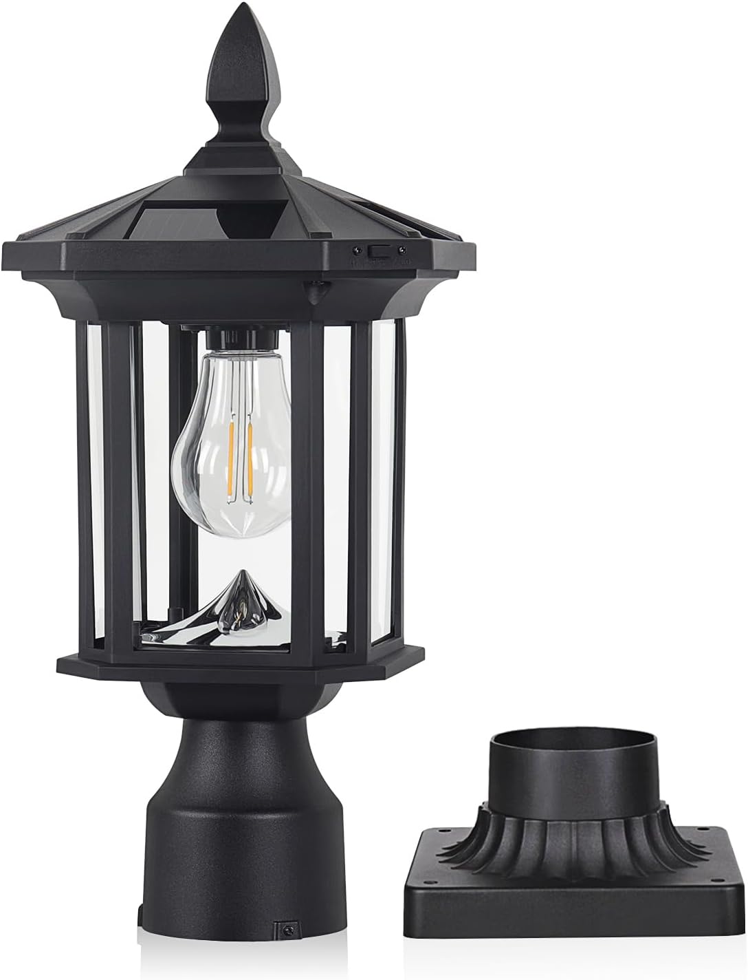 Solar Post Light, Outdoor Waterproof LED Pillar Lights with Glass and Pier Mount Base Solar Lamp Post Light ST4368Q Fits 6x6 Wooden Posts for Gates Yard Pole Column Garden Deck Pathway Driveway