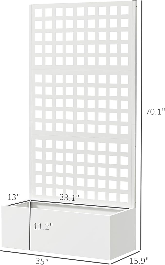 Outsunny Galvanized Raised Garden Bed with Trellis, Metal Planter Box with Drainage Holes, Outdoor Privacy Screen for Climbing Plants, Vegetable, Vines, 35" x 16" x 70", White
