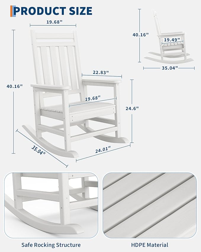 GarveeLife Poly Lumber Rocking Chair Outdoor Set of 4 with 2 Side Table - HDPE High Back Porch Rocker Chairs for Adults - All Weather Resistant Furniture for Patio - White