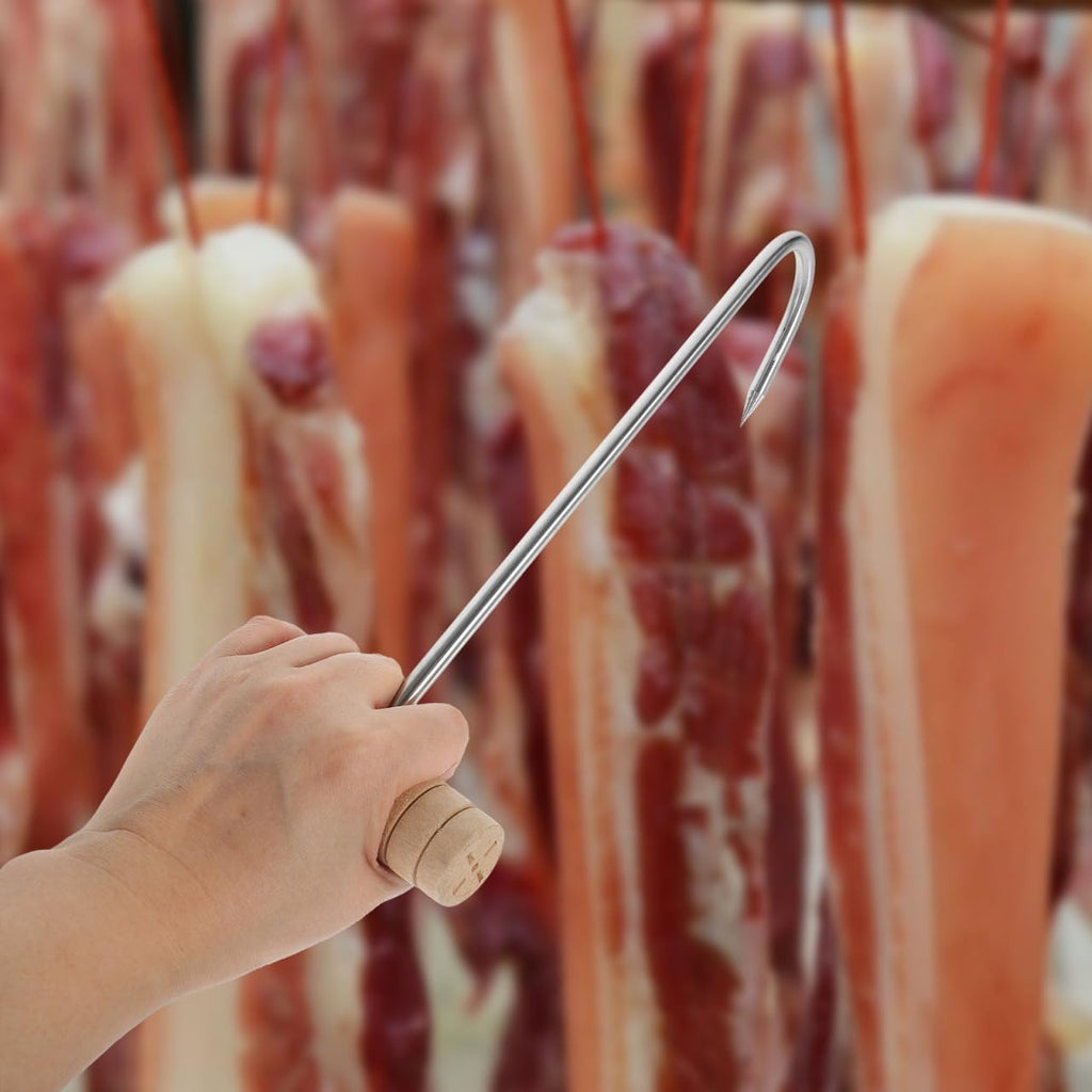 Abaodam 2Pcs T Shaped Meat Hooks with Wood Handle Meat Processing Hooks for Hanging Pork Beef Bacon Chicken Goose Roast Butchering Supplies for Slaughterhouses BBQ Shops