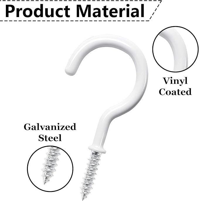12 Pcs Ceiling Hooks for Hanging Plants, Cups, Utensils and Christmas String Lights, 1-1/4 inch Vinyl Coated Screw-in Plant and Cup Hooks for Wooden and Drywall with Anchors - White & Black