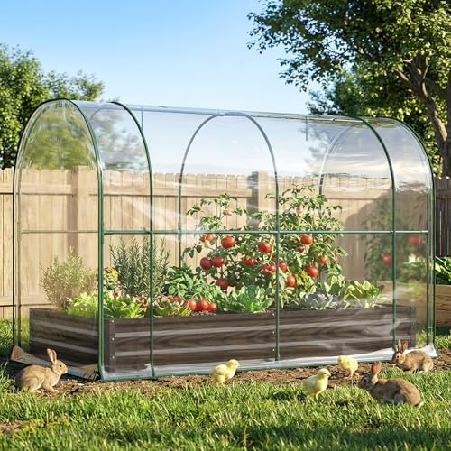 docred galvanized raised garden bed with pvc cover, front angle view
