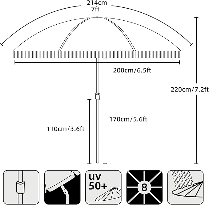 AMMSUN 7ft Patio Umbrella with Fringe Outdoor Tassel Umbrella UPF50+ Premium Steel Pole and Ribs Push Button Tilt, Sage Green