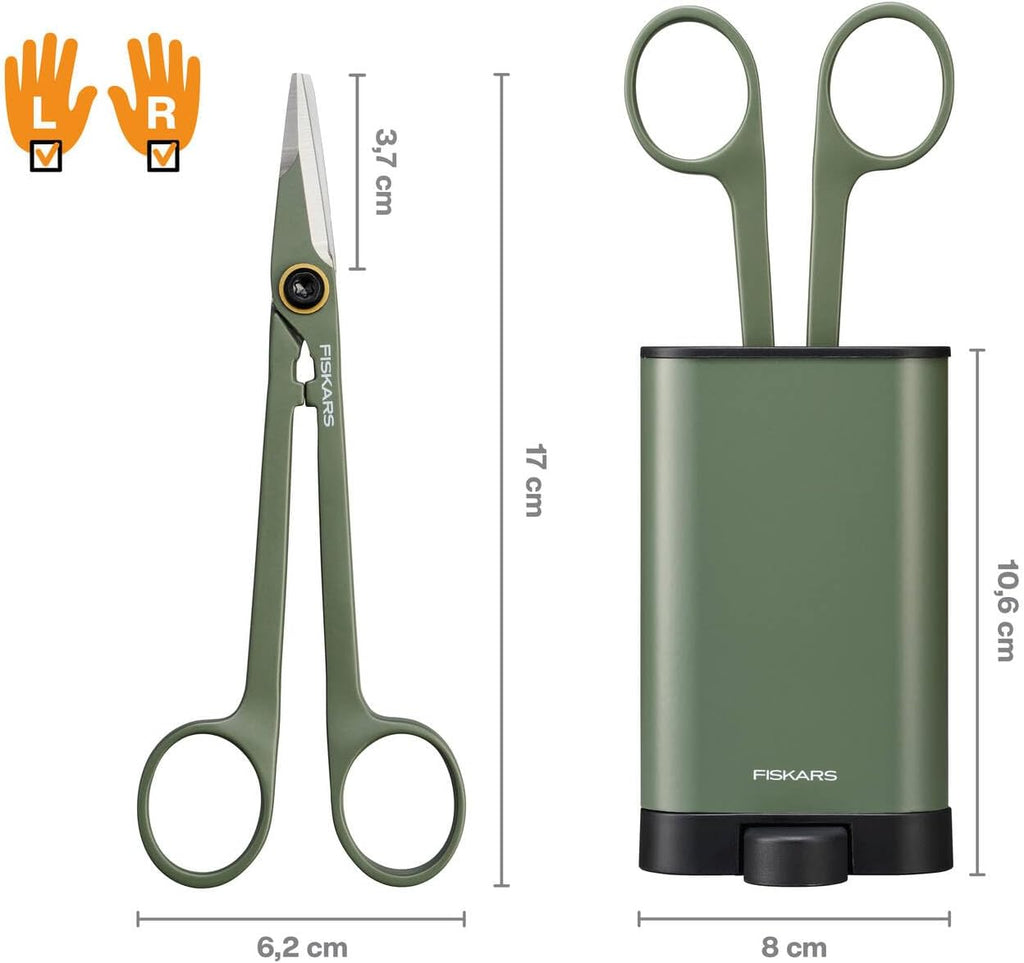 Fiskars Urban Plant Care Small Shears with Holder | For fine cuts on indoor plants, total length 17 cm, stainless steel/plastic, dark green/black, 1075315