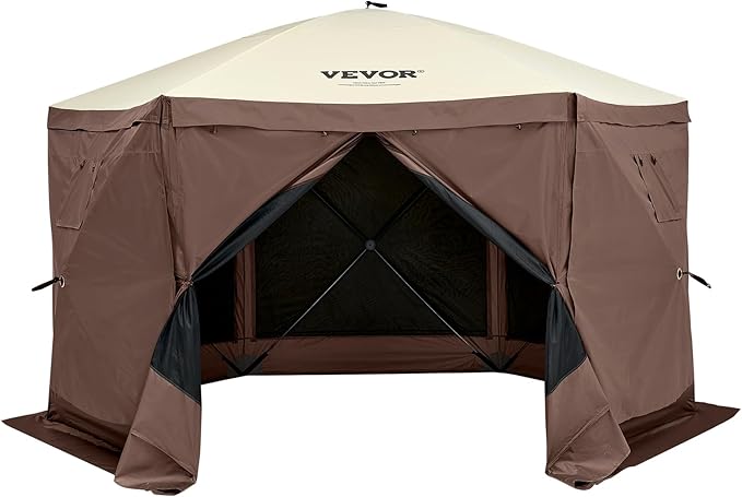 VEVOR Pop Up Gazebo Screen Tent 6 Sided Canopy Sun Shelter with 6 Removable Privacy Wind Cloths & Mesh Windows, 12.5x12.5FT Quick Set Screen Tent with Mosquito Netting, Brown