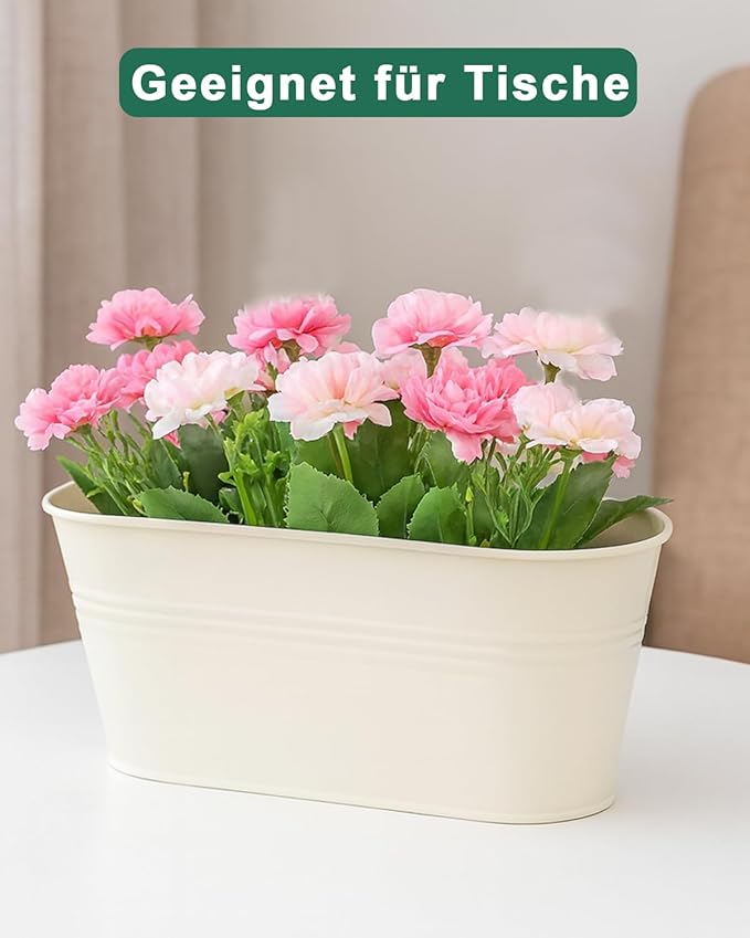 Metal Railing Planters for Outdoor Plants - 3 Pcs Balcony Hanging Flower Pots with Detachable Hooks & Drain Holes, Windowsill Oval Hanging Bucket Pots Fence Planters for Garden Home Decor, Cream White