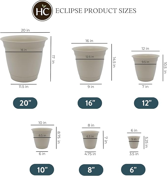 The HC Companies Eclipse Round Planter with Saucer - Outdoor & Indoor Plant Pot with Drainage Holes - Lightweight, UV-Resistant Plastic Pots for Plants, Flowers & Herbs (8" Cottage Stone, Pack of 1)