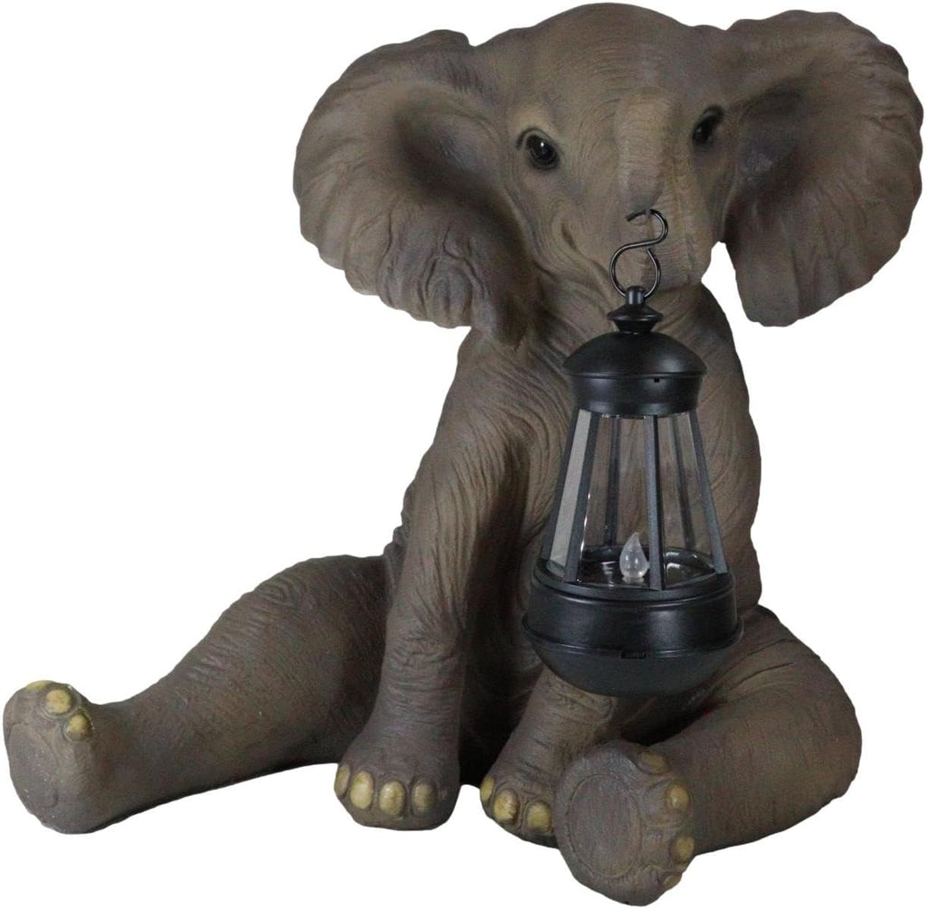 Ebros Safari Savanna Wildlife Animal Melee Adorable Pachy Elephant Statue Home Patio Decor Figurine with Solar LED Light Lantern Lamp 13.75" H Guest Greeter Courtesy Light Path Lighter Sculpture