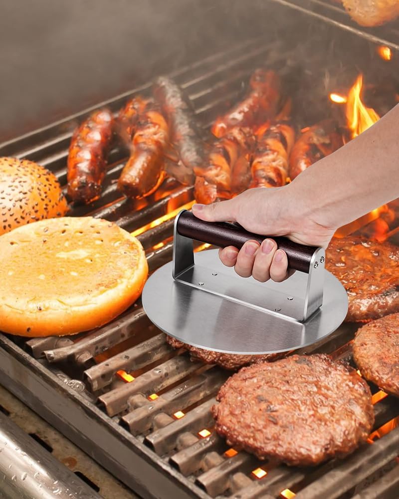 Brigii 8.5" Stainless Steel Smash Burger Press, Heavy Duty Smasher | 2.5lb, smooth surface, heat-resistant wooden handle, zero maintenance, dishwasher safe, for griddle and grill
