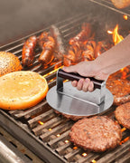 Brigii 8.5" Stainless Steel Smash Burger Press, Heavy Duty Smasher | 2.5lb, smooth surface, heat-resistant wooden handle, zero maintenance, dishwasher safe, for griddle and grill