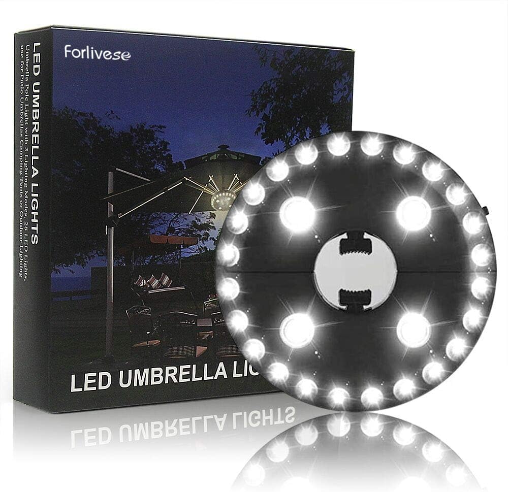 Patio Umbrella Light 3 Lighting Modes Cordless 28 LED Lights at 200 lux- 4 x AA Battery Operated for Patio Umbrellas, Camping Tents or Outdoor Use Forlivese