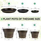 Plant Planters Pots Set of 4 Pack 11 Inch, Plastic Flower Pot For Indoor Plants With Drainage Holes & Trays, Resin Decorative Container Sets With Saucer For House Outdoor Garden Planters Dark Gold