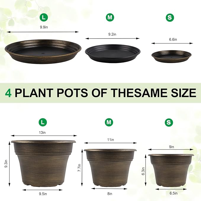 Plant Planters Pots Set of 4 Pack 11 Inch, Plastic Flower Pot For Indoor Plants With Drainage Holes & Trays, Resin Decorative Container Sets With Saucer For House Outdoor Garden Planters Dark Gold