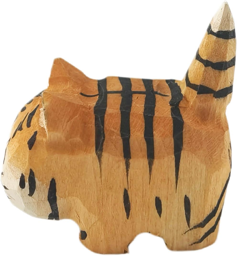 EMiEN Cute Small Wood Tiger Figurine Carved Orange Tiger,Handmade Sculpture Craft Set, for Home Office Decoration, Car Ornaments