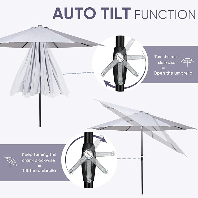 Tempera Patio Market Outdoor Table Umbrella with Auto Tilt and Crank, Large Sun Umbrella with Sturdy Pole & Fade Resistant Canopy, Easy to Set