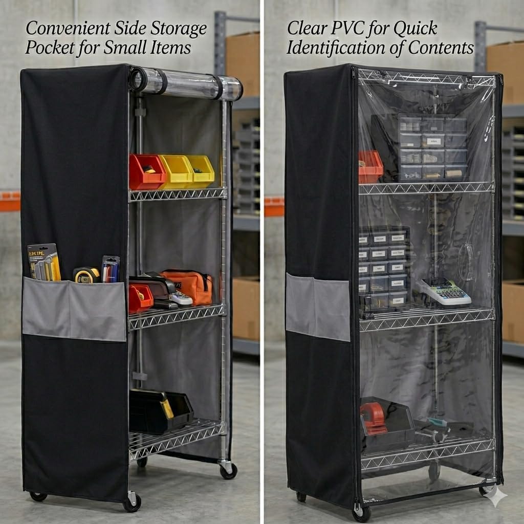 wire shelving storage cover waterproof dustproof clear window, side view