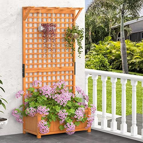 s afstar raised garden bed with trellis, wood shown in use