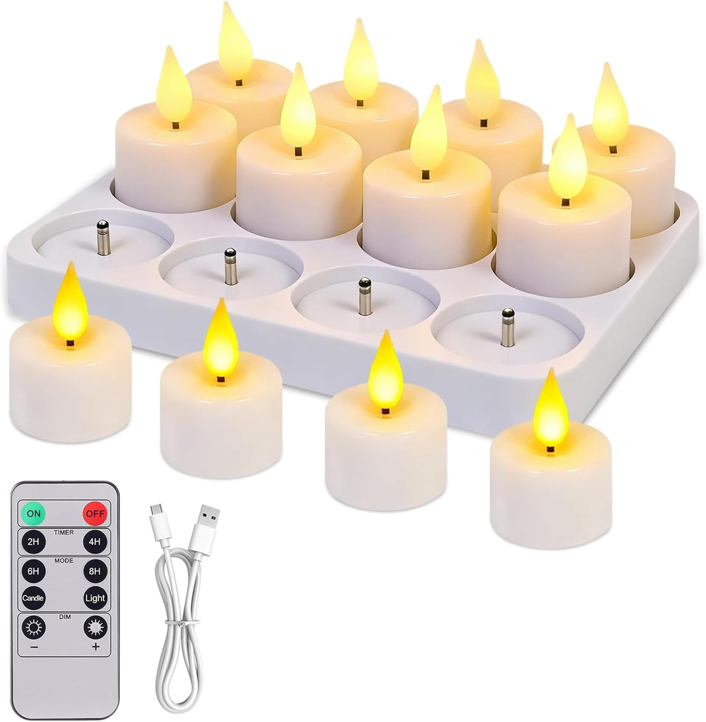 12 Pack Tea Lights Candles Battery Operated with Charging Dock, Remote Control Rechargeable Candles, Flickering Flameless LED Tealight for Votive, Table Decorations, Wedding, Halloween, Christmas