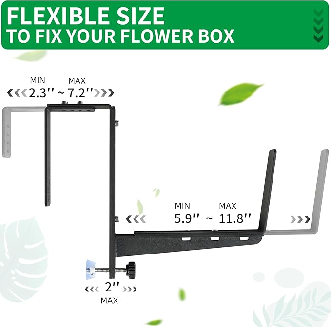 Window Box Brackets, Adjustable Planter Box Brackets, Heavy Duty Iron Flower Box Brackets for Railings, with Enhanced Bottom Support - Perfect for Balconies, Fences, and Gardens (Black, 6 Pack)