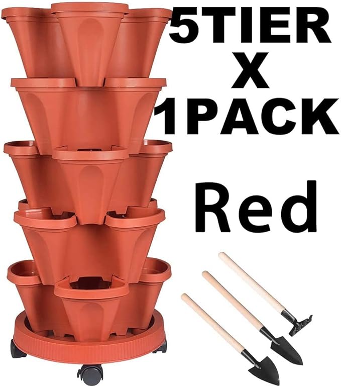 GameXcel Vertical Planter 5 Tier Stackable Planters Garden Planters Strawberry Herb Flower and Vegetable Planter Indoor Outdoor Gardening Pots with Removable Wheels and Tools