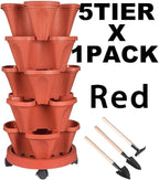 GameXcel Vertical Planter 5 Tier Stackable Planters Garden Planters Strawberry Herb Flower and Vegetable Planter Indoor Outdoor Gardening Pots with Removable Wheels and Tools