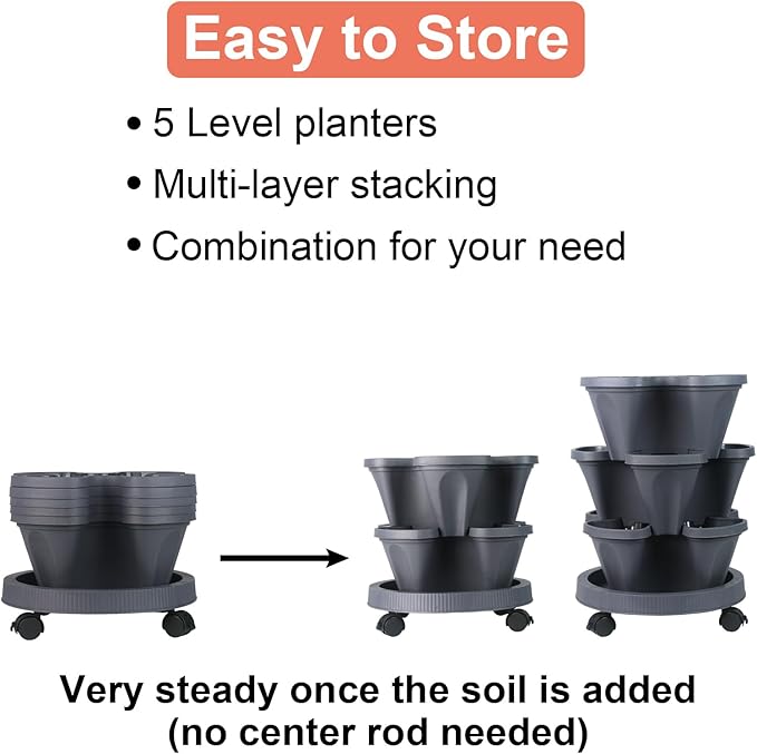 DUNCHATY Stackable Planter, Vertical Garden Planter with Wheels and Garden Tools, Strawberry Planter Indoor/Outdoor 5 Tier Herb Planter Pots for Growing Vegetables and Succulents,Dark Gray