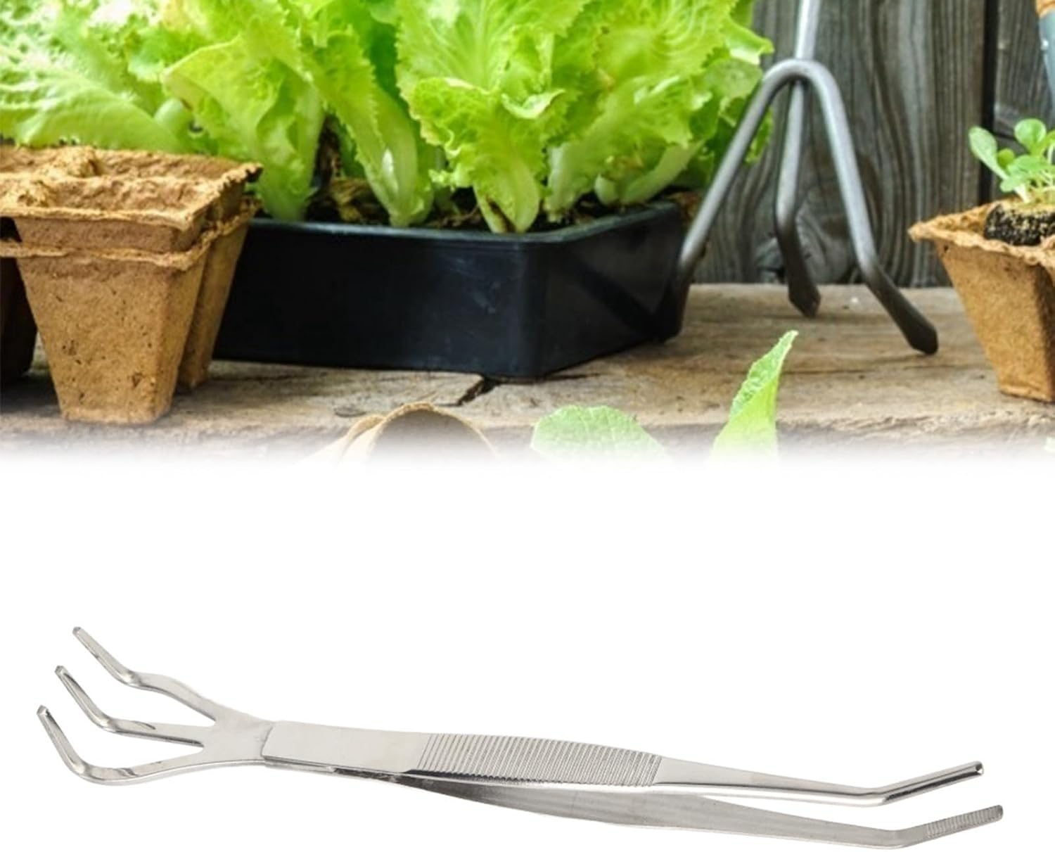 Fdit Bonsai Root Rake Tweezers, Stainless Steel 2 in 1 Precision Repotting Tool with Smooth Rounded Tips Ergonomic Non Slip Grip for Bonsai Care Silver 24.5 cm 1 Piece