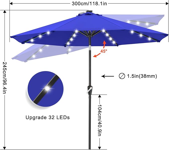 ABCCANOPY Solar Led Patio Umbrellas with 32LED Lights 11FT (Blue)