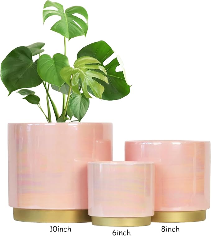 Gepege Pink Indoor Plant Pots for Plants, Large Ceramic Planter with Drainage Hole, 9.6-inch Succulent Orchid Flower Pot - Rainbow Pearl Glaze