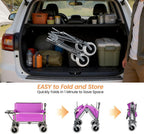 Collapsible 3-in-1 Wagon Converts To Bench, Includes Rear-Mounted Folding Tabletop, Heavy-Duty 500-lb Capacity, 180L Storage for Camping, Beach, Fishing - Purple