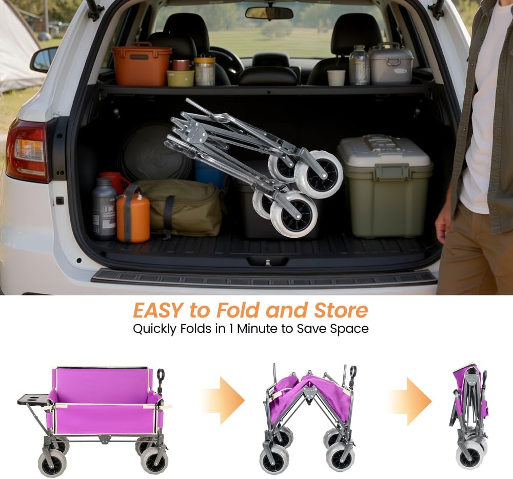 Collapsible 3-in-1 Wagon Converts To Bench, Includes Rear-Mounted Folding Tabletop, Heavy-Duty 500-lb Capacity, 180L Storage for Camping, Beach, Fishing - Purple
