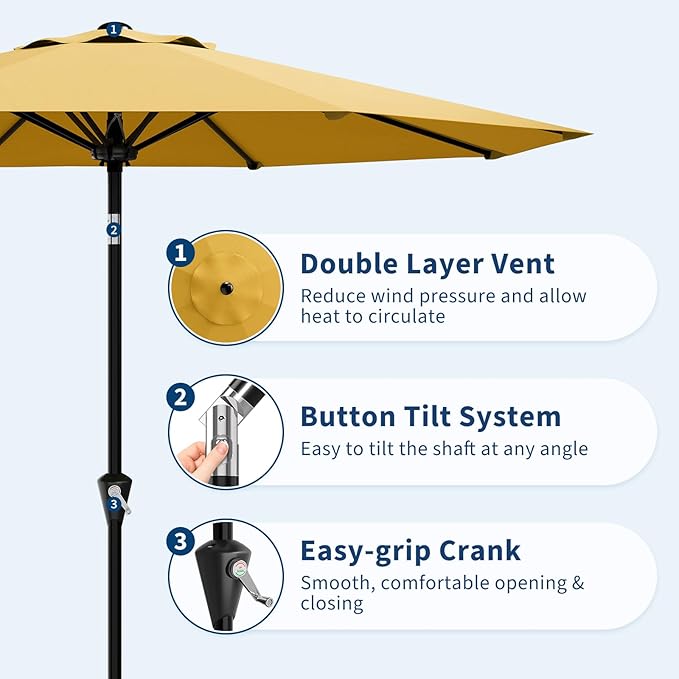 Garvee 9FT Patio Umbrella - Outdoor Table Umbrella with Smooth Crank Lift, Push Button Tilt and 8 Sturdy Ribs - Market Umbrella UV Protection Waterproof for Pool, Deck, Yard, Garden -Yellow