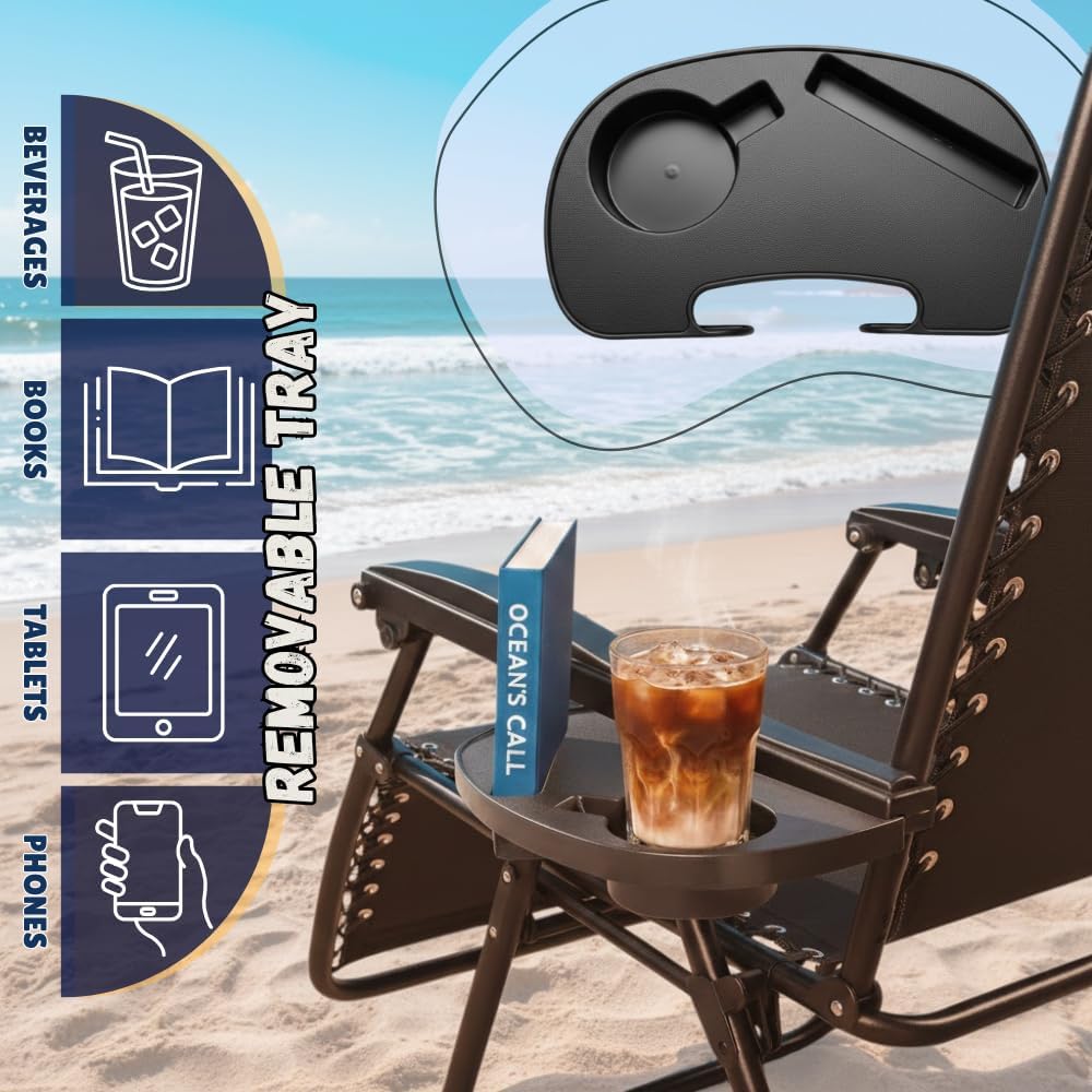EZONE (Set of 2 Zero Gravity Lounge Chairs Outdoor Adjustable Reclining Patio Chair Steel Mesh Folding Recliner for Pool Beach Camping Lounge Chair with Pillows and Cup Tray (2, Black)