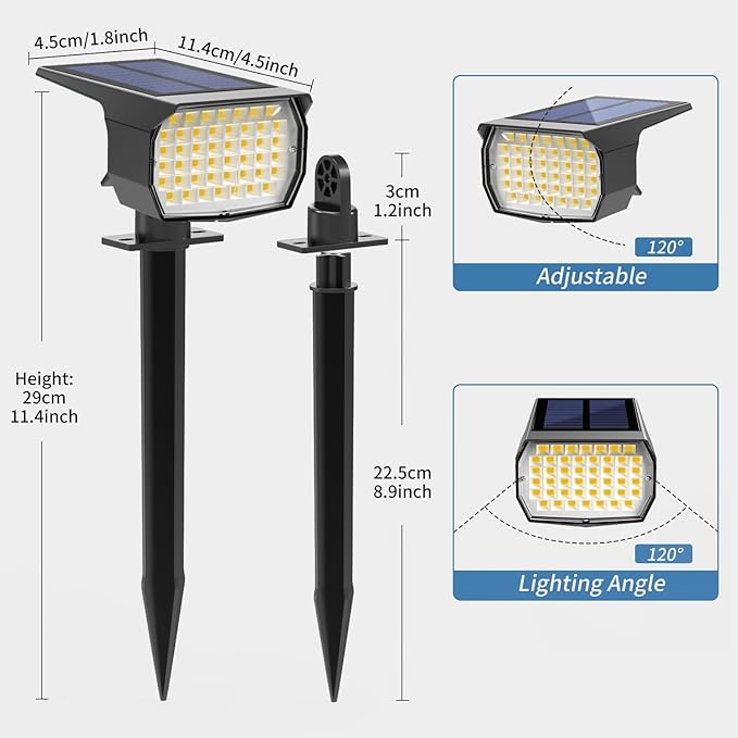 Solar Spot Lights Outdoor Waterproof IP65, 12 Pack Landscape Spotlights with 46 LEDs, 3 Modes Auto On/Off Solar Powered Flood Lights for Outside Pathway, Yard, Garden, Walkway (Warm White)