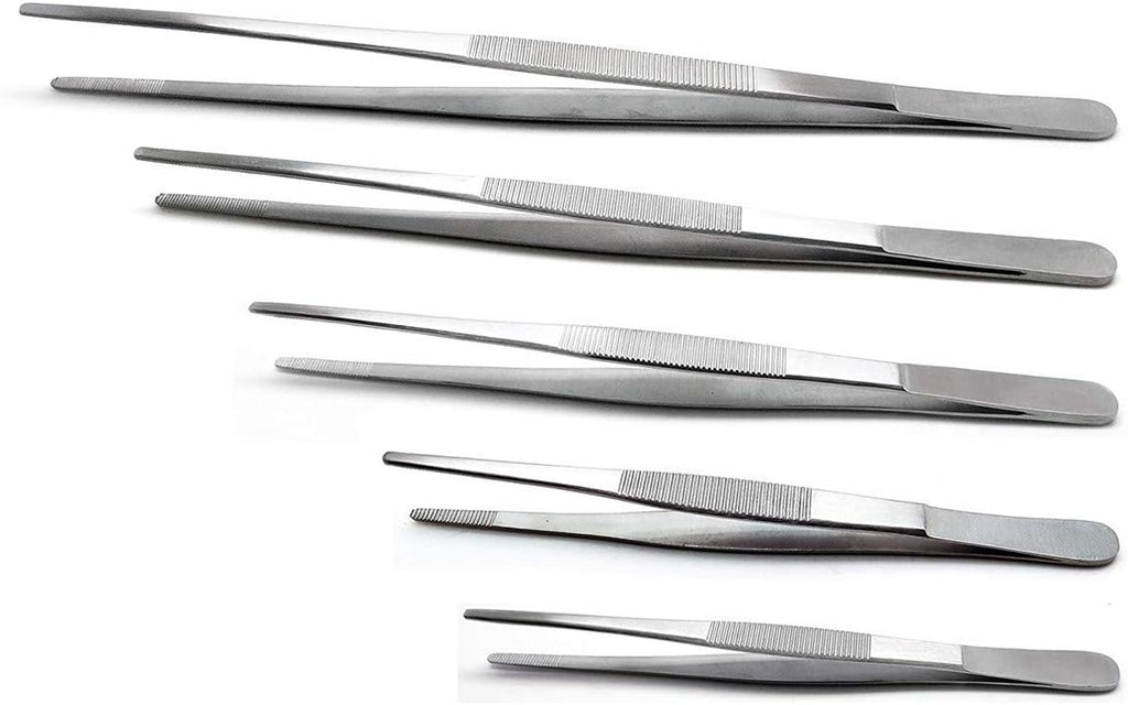5-Piece Tweezer Set Long Metal Tongs Serrated Forceps - FEITA Stainless Steel Aquarium Plant Tweezers Kit Lab Terrarium Tools