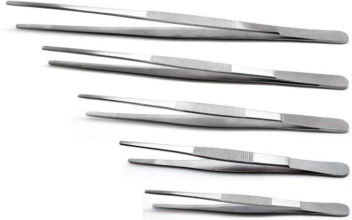 5-Piece Tweezer Set Long Metal Tongs Serrated Forceps - FEITA Stainless Steel Aquarium Plant Tweezers Kit Lab Terrarium Tools