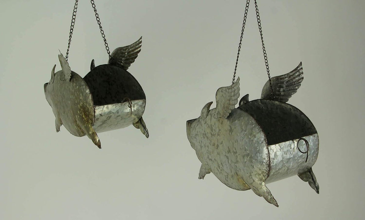 zeckos set of 2 distressed galvanized grey metal, close-up detail