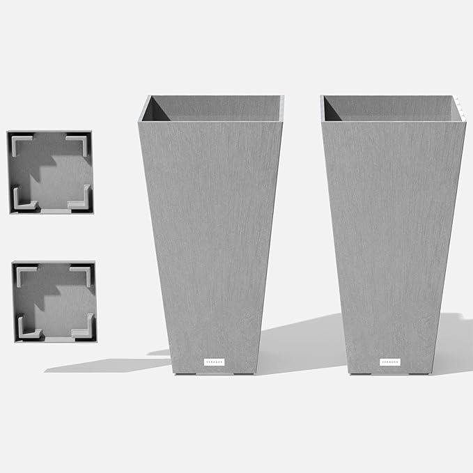 Veradek V-Resin Indoor/Outdoor Taper Planter (Gray, 26 inch - 2 Pack with 2 Saucer Trays)