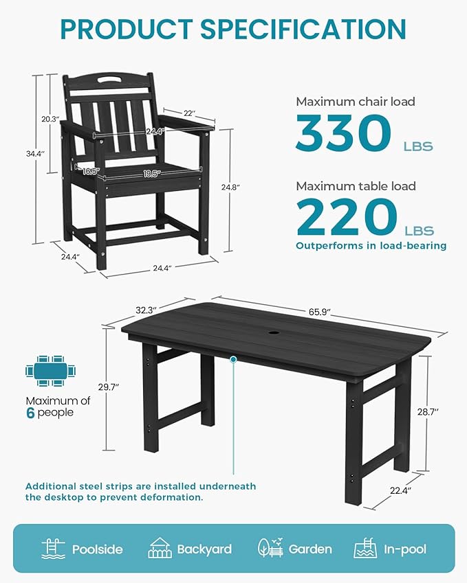 Ciokea Outdoor Patio Dining Chair, HDPE Porch Chairs for Dining Table, All-Weather Durable Outdoor Furniture for Backyard, Garden, Lawn & Poolside, Black