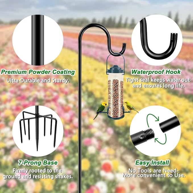 84" Shepherds Hooks for Outdoor, Heavy Duty Garden Bird Feeder Pole Hanging Bird Feeder, Solar Light Lanterns, Outdoor Plant Hanger Hook with 7 Base Prongs, 2 Packs