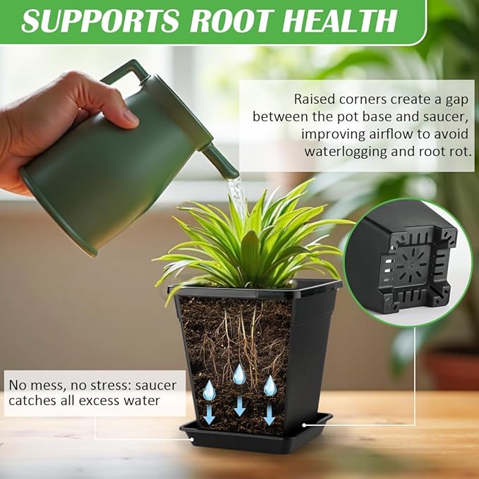 BTPLASTIK Square Plastic Planter 8 Inch, Plant Pots with Drainage Hole & Tray, 10 Pack Modern Decorative Garden Pot with Saucer, 1 Gallon Flower Pots Planters for Indoor Outdoor Plants